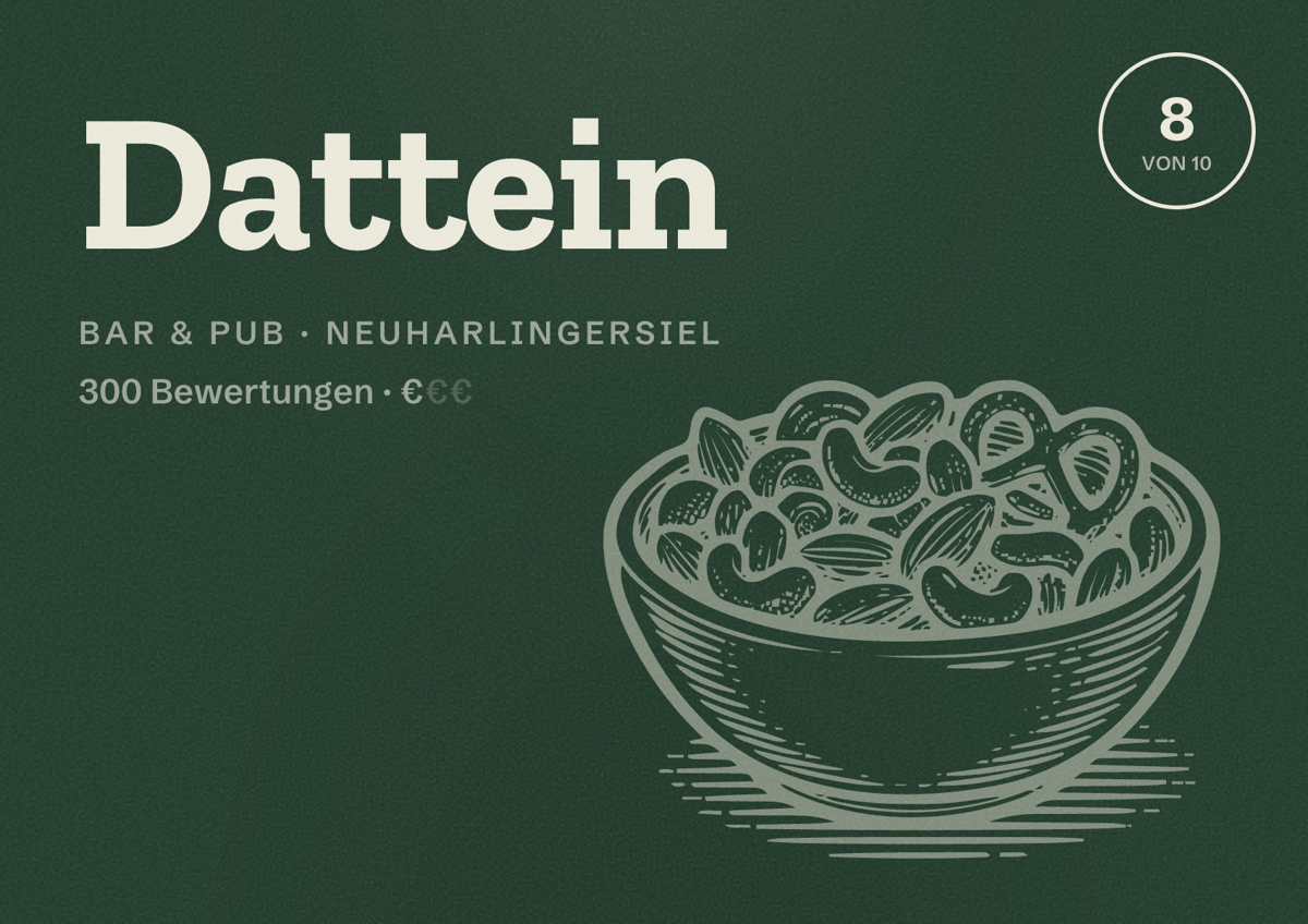 Illustriertes Poster von Dattein, Bar & Pub in Neuharlingersiel: Bewertung 8 von 10 aus 300 Bewertungen, Preisniveau €