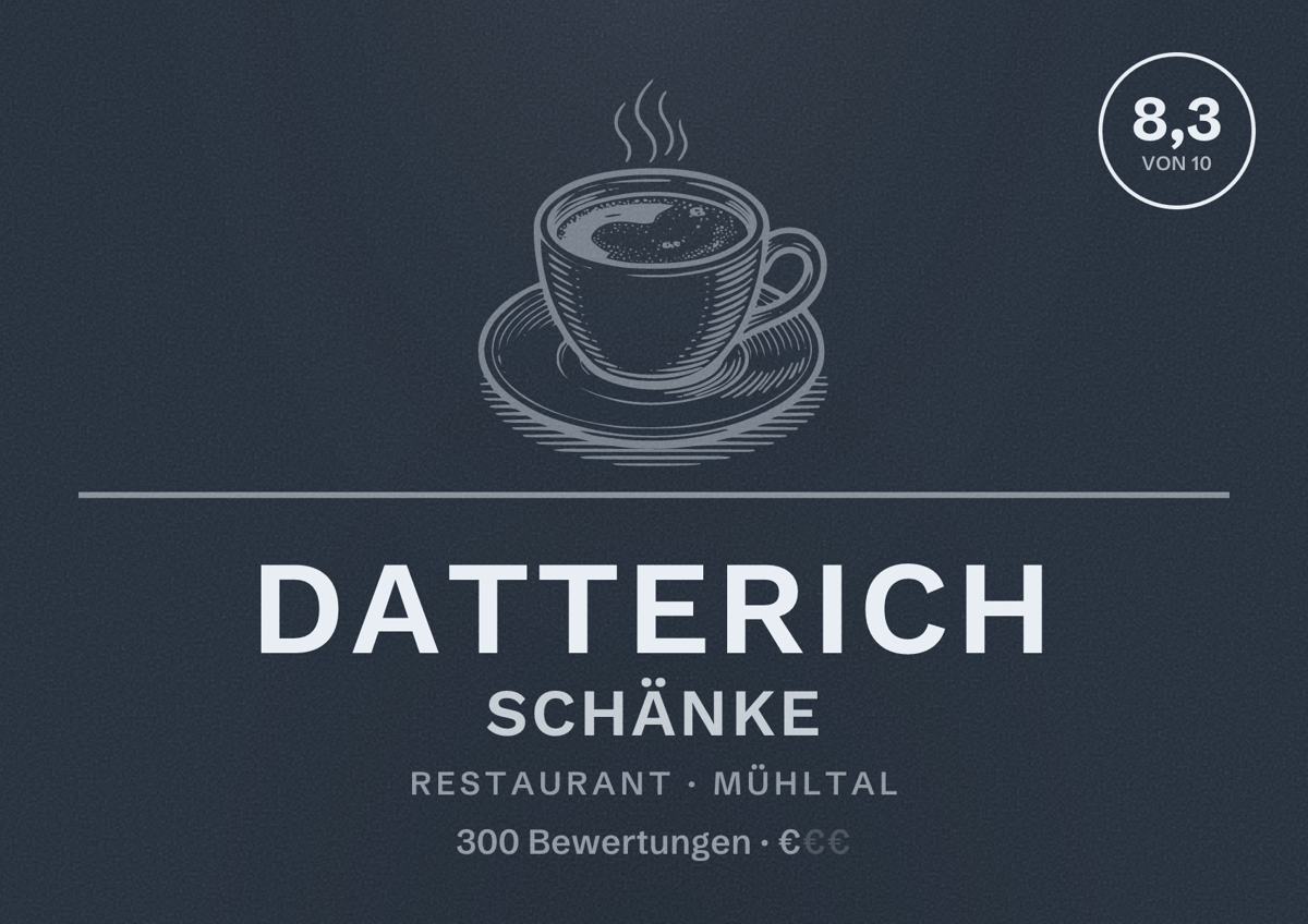 Illustriertes Poster von Datterich Schänke, Restaurant in Mühltal: Bewertung 8,3 von 10 aus 300 Bewertungen, Preisniveau €