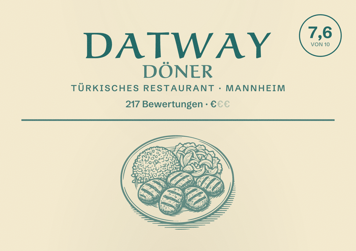 Illustriertes Poster von DatWay Döner, Türkisches Restaurant in Mannheim: Bewertung 7,6 von 10 aus 217 Bewertungen, Preisniveau €