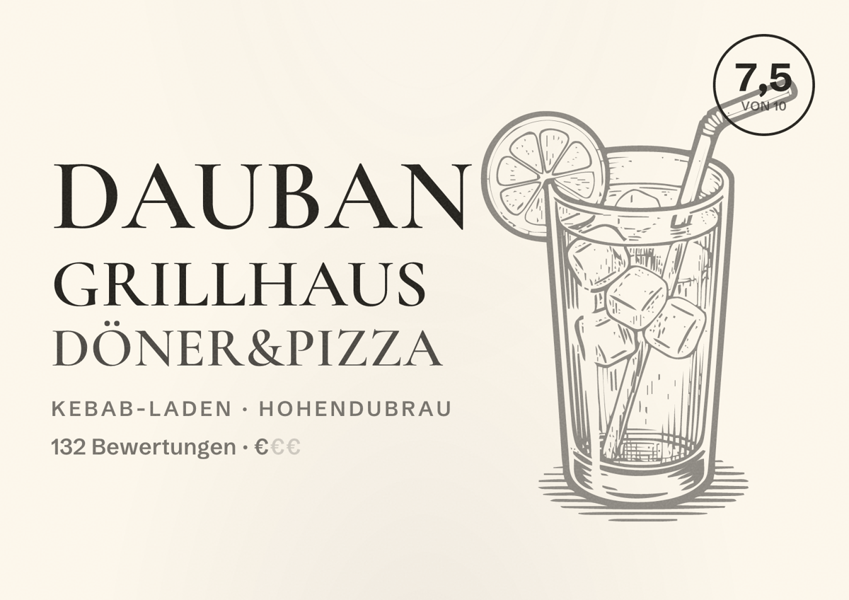 Illustriertes Poster von Dauban Grillhaus Döner&Pizza, Kebab-Laden in Hohendubrau: Bewertung 7,5 von 10 aus 132 Bewertungen, Preisniveau €