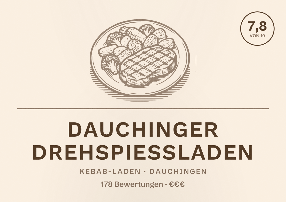 Illustriertes Poster von Dauchinger Drehspießladen, Kebab-Laden in Dauchingen: Bewertung 7,8 von 10 aus 178 Bewertungen, Preisniveau €€€