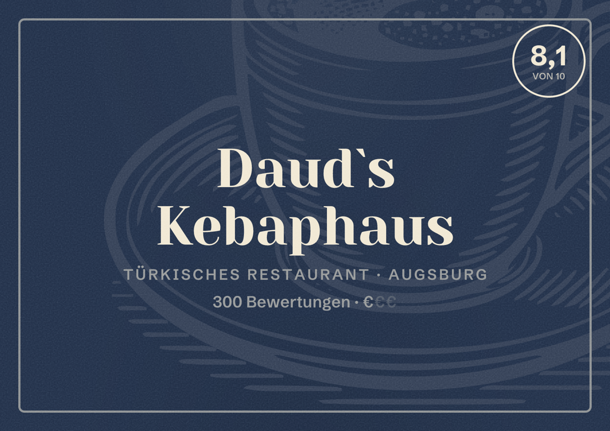 Illustriertes Poster von Daud`s Kebaphaus, Türkisches Restaurant in Augsburg: Bewertung 8,1 von 10 aus 300 Bewertungen, Preisniveau €