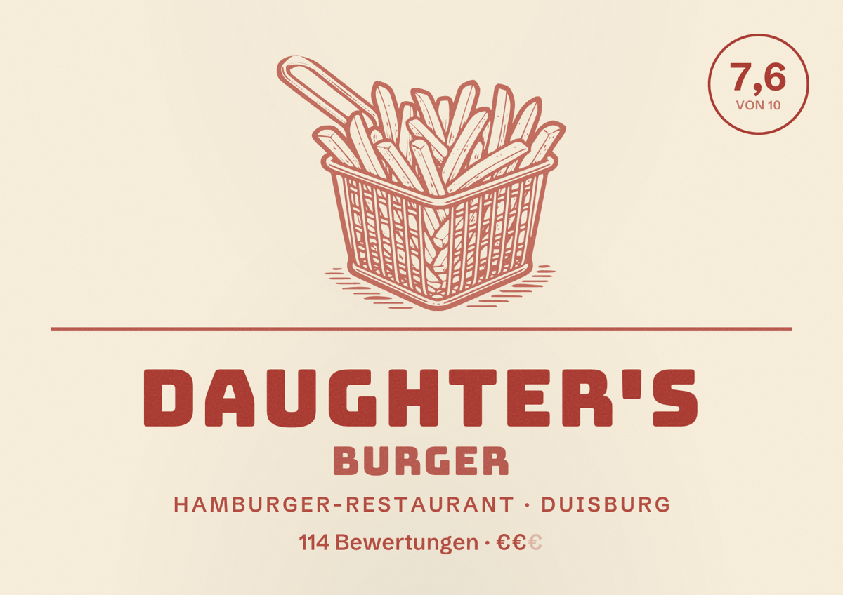 Illustriertes Poster von Daughter's Burger, Hamburger-Restaurant in Duisburg: Bewertung 7,6 von 10 aus 114 Bewertungen, Preisniveau €€