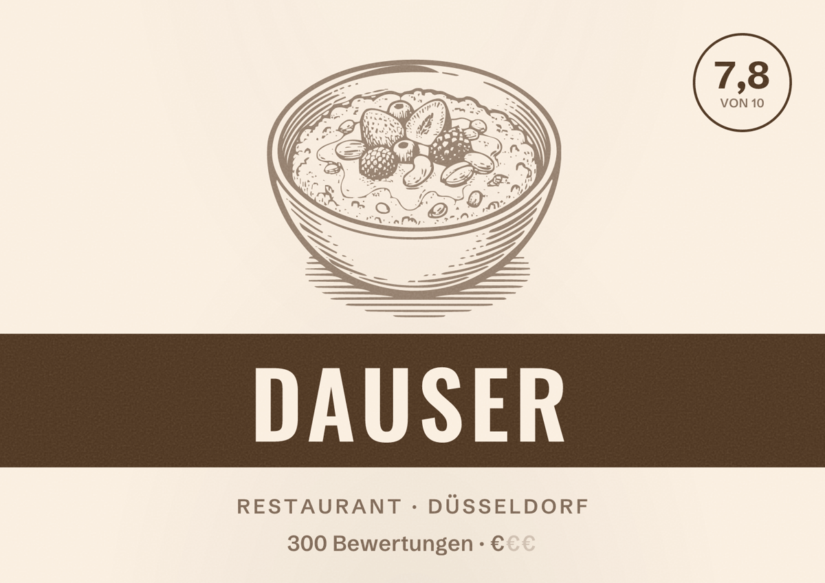 Illustriertes Poster von Dauser, Restaurant in Düsseldorf: Bewertung 7,8 von 10 aus 300 Bewertungen, Preisniveau €