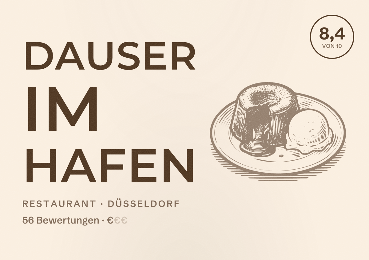 Illustriertes Poster von Dauser im Hafen, Restaurant in Düsseldorf: Bewertung 8,4 von 10 aus 56 Bewertungen, Preisniveau €