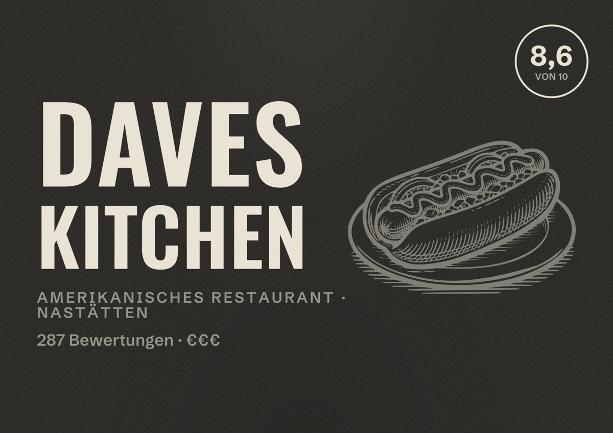 Illustriertes Poster von Daves Kitchen, Amerikanisches Restaurant in Nastätten: Bewertung 8,6 von 10 aus 287 Bewertungen, Preisniveau €€€
