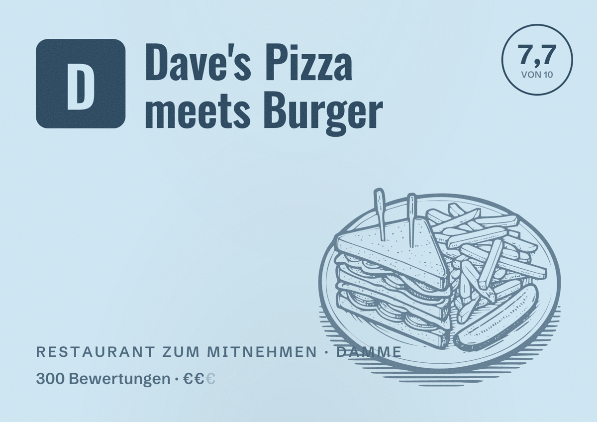 Illustriertes Poster von Dave's Pizza meets Burger, Restaurant zum Mitnehmen in Damme: Bewertung 7,7 von 10 aus 300 Bewertungen, Preisniveau €€