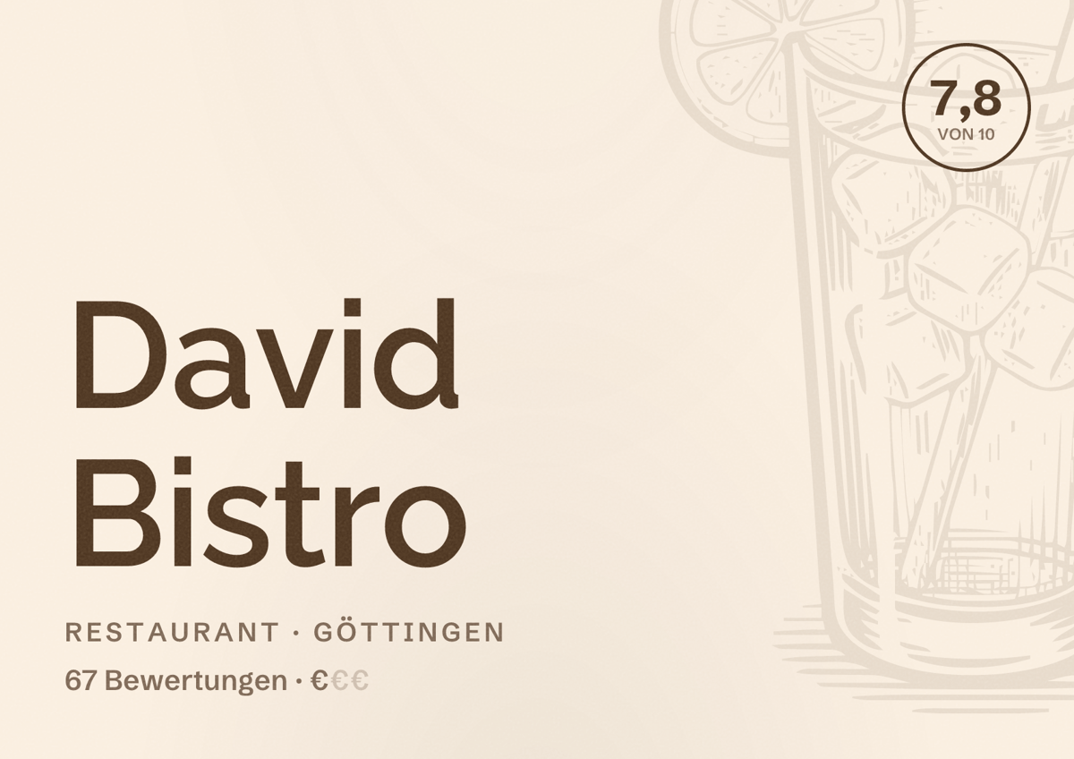 Illustriertes Poster von David Bistro, Restaurant in Göttingen: Bewertung 7,8 von 10 aus 67 Bewertungen, Preisniveau €