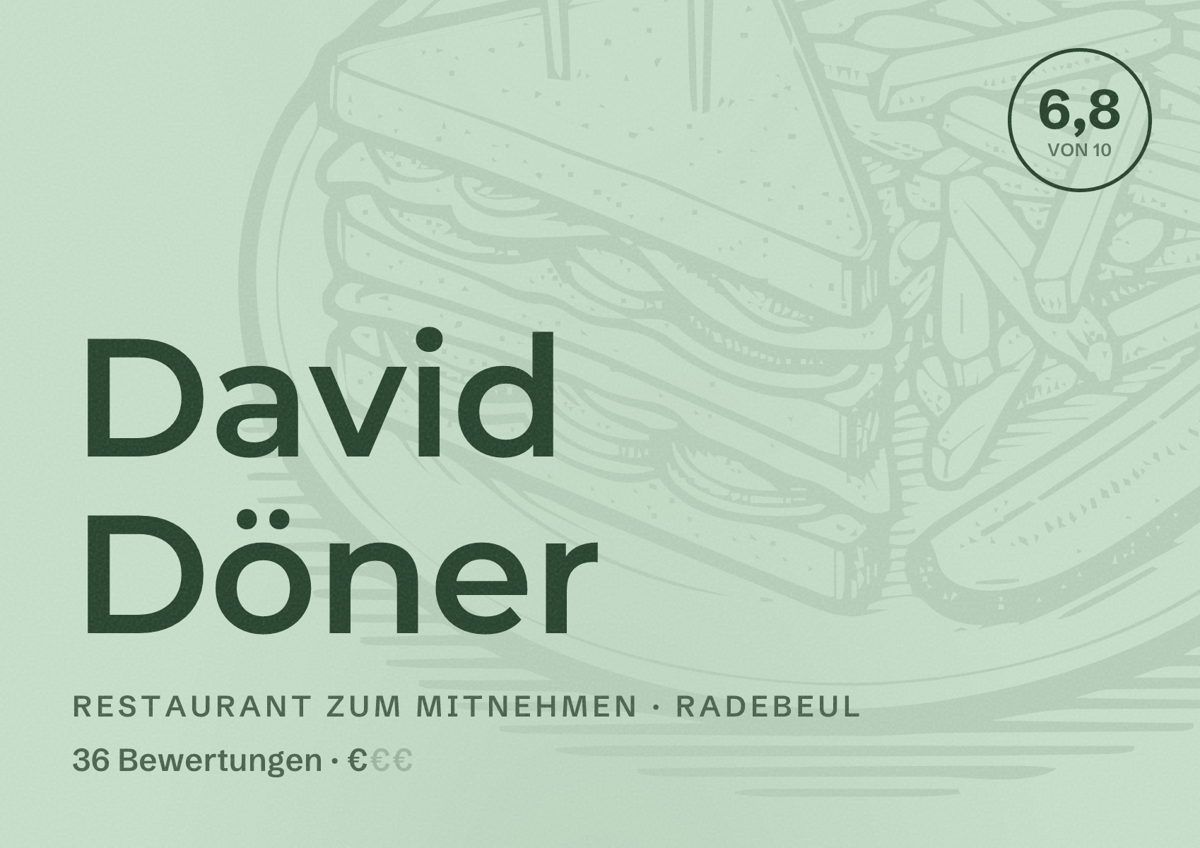 Illustriertes Poster von David Döner, Restaurant zum Mitnehmen in Radebeul: Bewertung 6,8 von 10 aus 36 Bewertungen, Preisniveau €