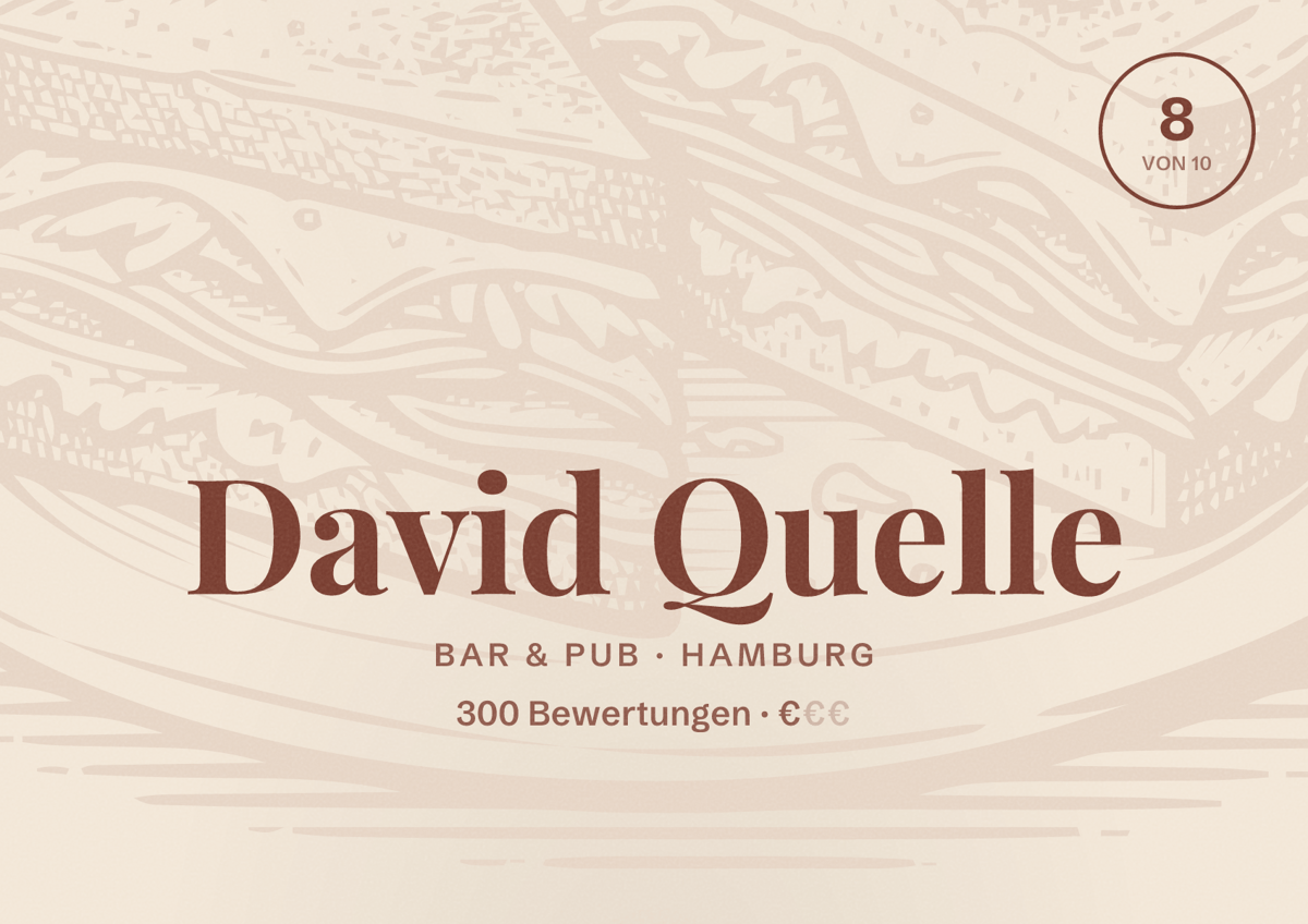 Illustriertes Poster von David Quelle, Bar & Pub in Hamburg: Bewertung 8,0 von 10 aus 300 Bewertungen, Preisniveau €