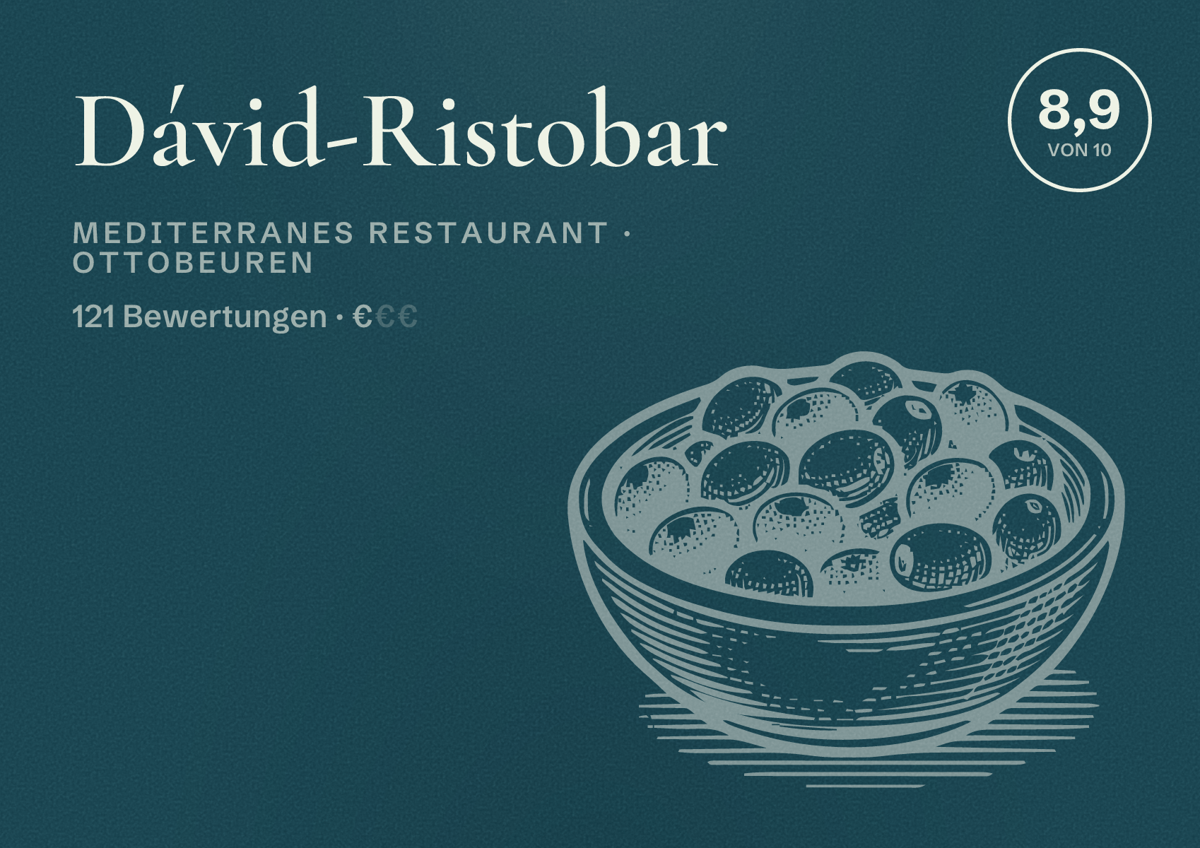 Illustriertes Poster von Dávid-Ristobar, Mediterranes Restaurant in Ottobeuren: Bewertung 8,9 von 10 aus 121 Bewertungen, Preisniveau €