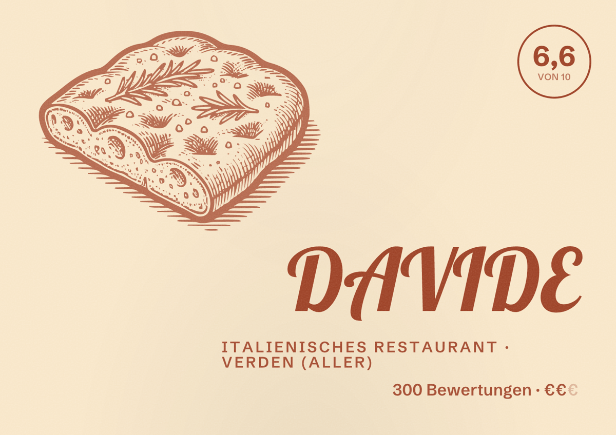 Illustriertes Poster von DAVIDE, Italienisches Restaurant in Verden (Aller): Bewertung 6,6 von 10 aus 300 Bewertungen, Preisniveau €€