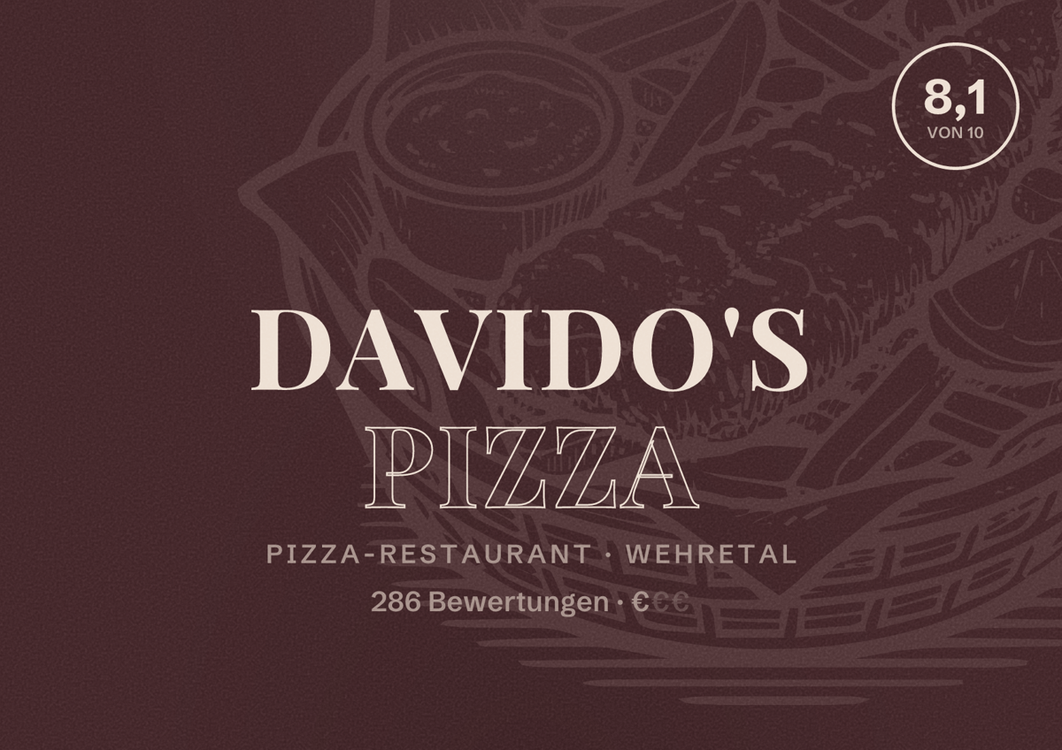 Illustriertes Poster von Davido's Pizza, Pizza-Restaurant in Wehretal: Bewertung 8,1 von 10 aus 286 Bewertungen, Preisniveau €