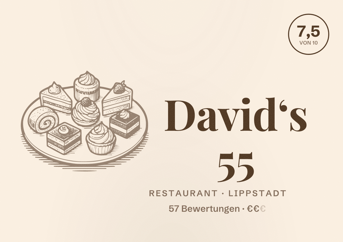 Illustriertes Poster von David‘s 55, Restaurant in Lippstadt: Bewertung 7,5 von 10 aus 57 Bewertungen, Preisniveau €€