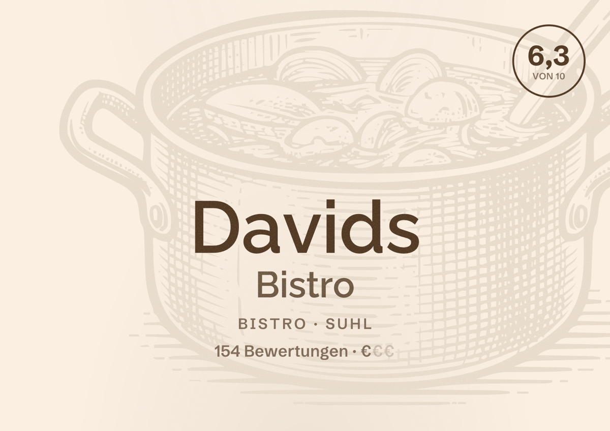 Illustriertes Poster von Davids Bistro, Bistro in Suhl: Bewertung 6,3 von 10 aus 154 Bewertungen, Preisniveau €