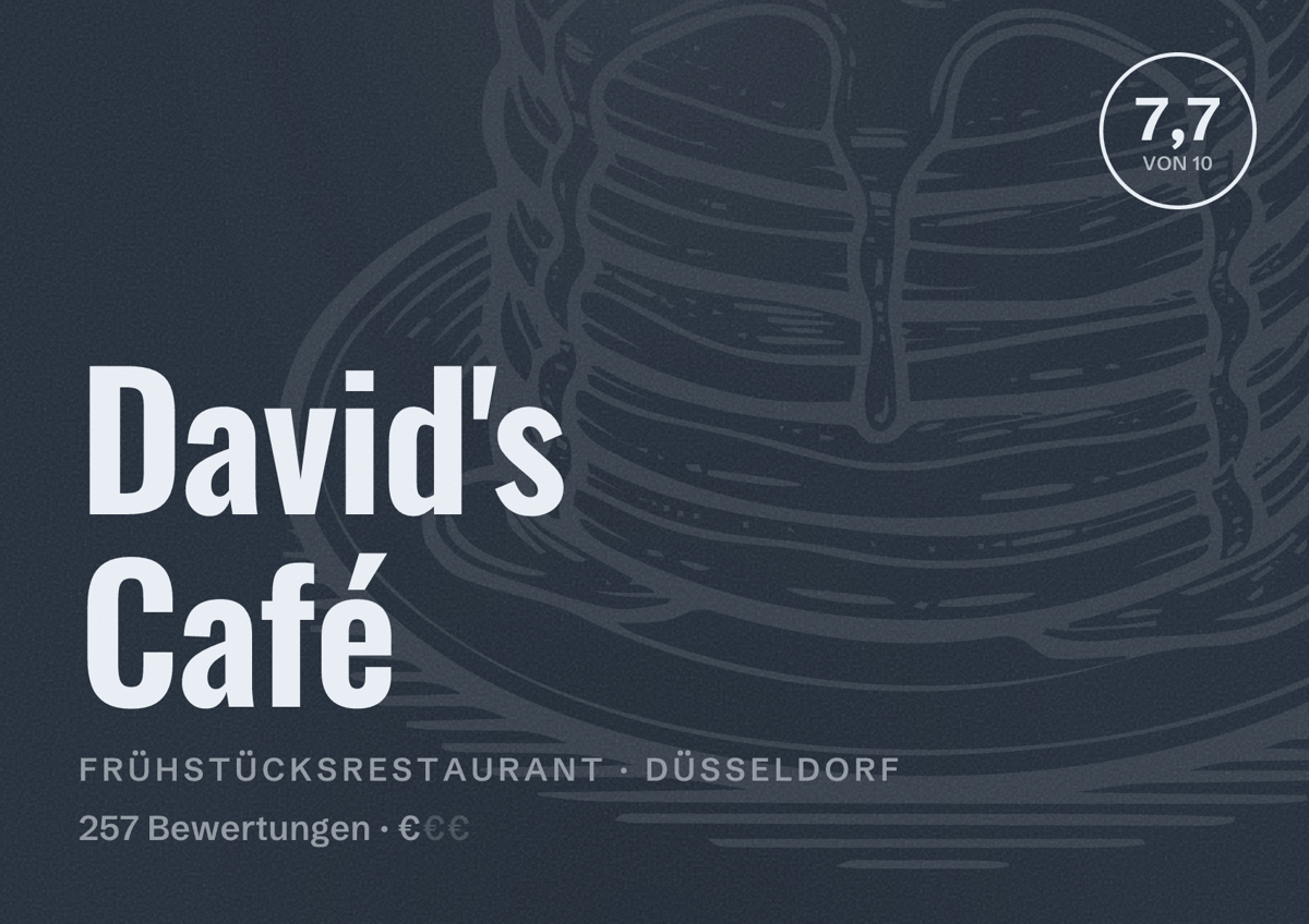 Illustriertes Poster von David's Café, Frühstücksrestaurant in Düsseldorf: Bewertung 7,7 von 10 aus 257 Bewertungen, Preisniveau €