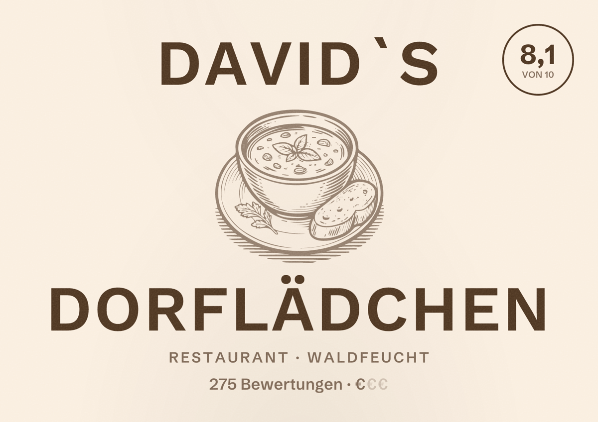 Illustriertes Poster von David`s Dorflädchen, Restaurant in Waldfeucht: Bewertung 8,1 von 10 aus 275 Bewertungen, Preisniveau €