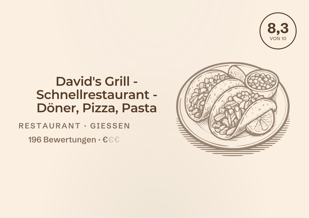 Illustriertes Poster von David's Grill - Schnellrestaurant - Döner, Pizza, Pasta, Restaurant in Gießen: Bewertung 8,3 von 10 aus 196 Bewertungen, Preisniveau €