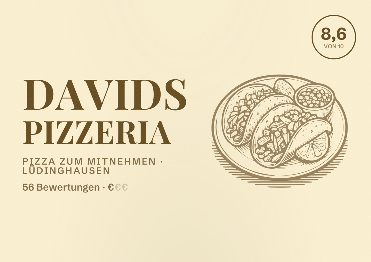 Illustriertes Poster von Davids Pizzeria, Pizza zum Mitnehmen in Lüdinghausen: Bewertung 8,6 von 10 aus 56 Bewertungen, Preisniveau €