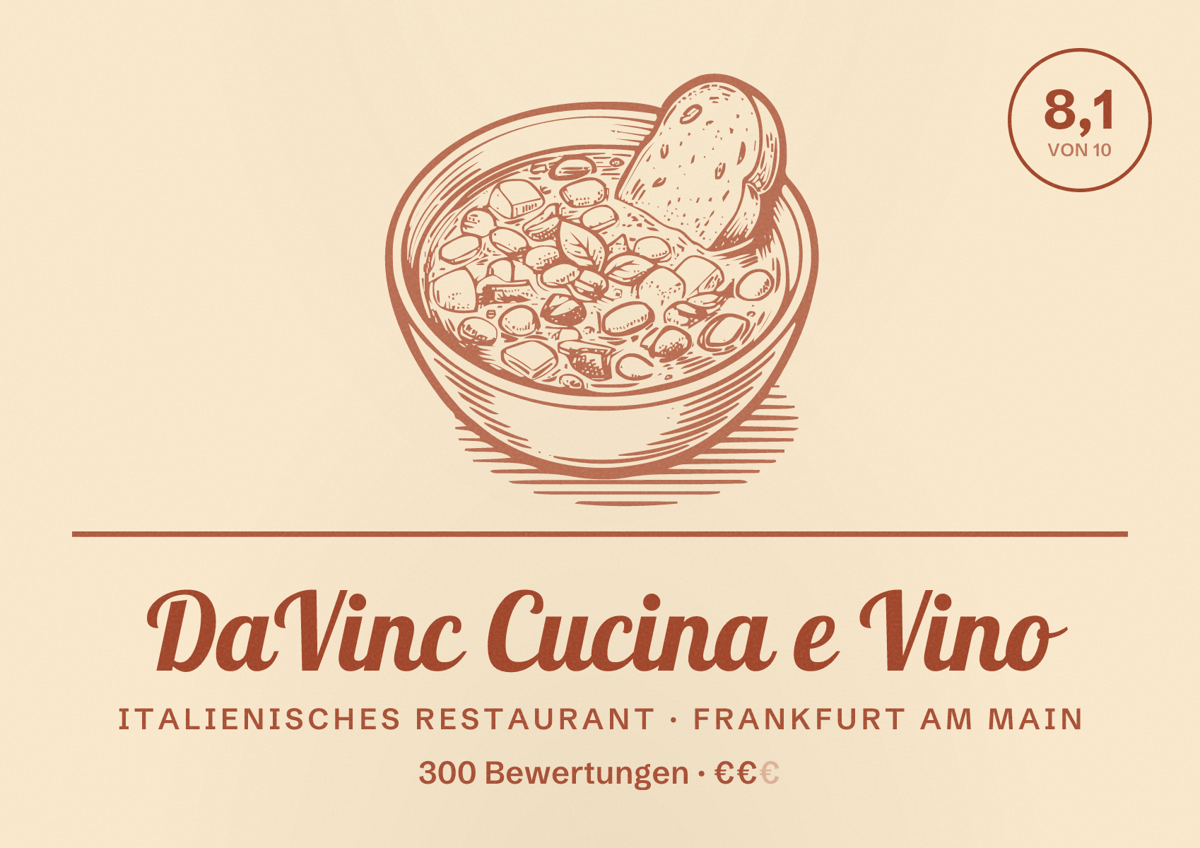 Illustriertes Poster von DaVinc Cucina e Vino, Italienisches Restaurant in Frankfurt am Main: Bewertung 8,1 von 10 aus 300 Bewertungen, Preisniveau €€