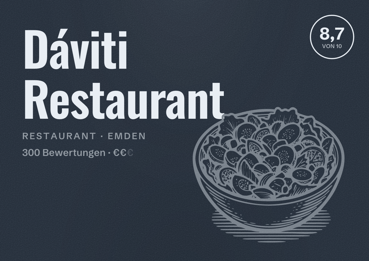 Illustriertes Poster von Dáviti Restaurant, Restaurant in Emden: Bewertung 8,7 von 10 aus 300 Bewertungen, Preisniveau €€