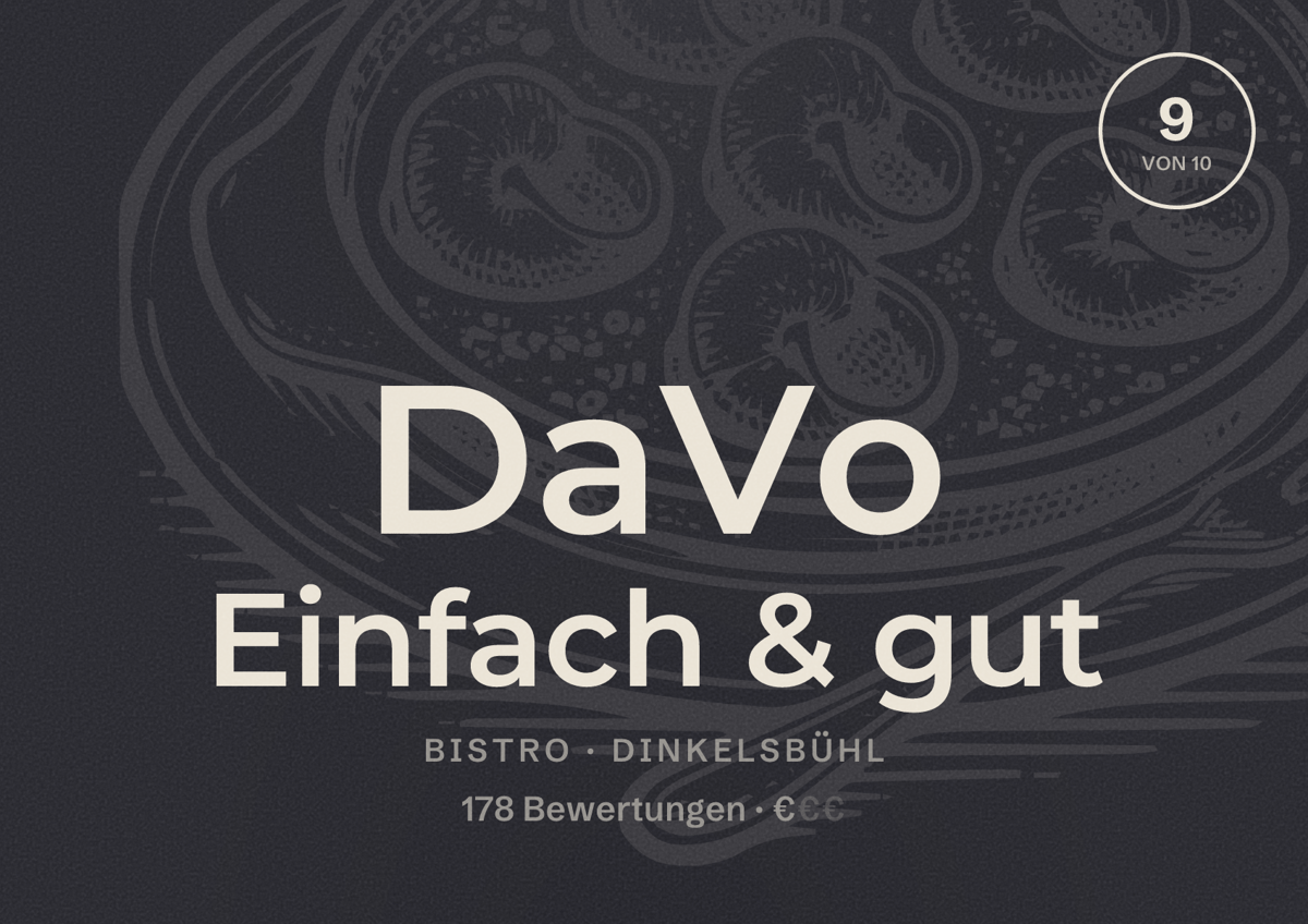 Illustriertes Poster von DaVo Einfach & gut, Bistro in Dinkelsbühl: Bewertung 9 von 10 aus 178 Bewertungen, Preisniveau €