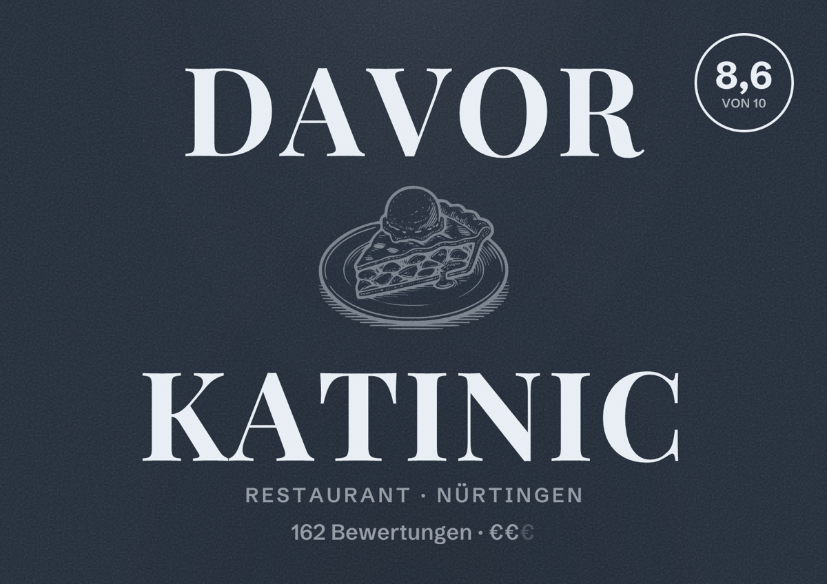Illustriertes Poster von Davor Katinic, Restaurant in Nürtingen: Bewertung 8,6 von 10 aus 162 Bewertungen, Preisniveau €€