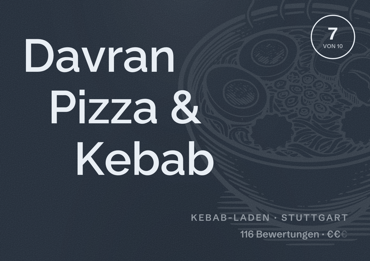 Illustriertes Poster von Davran Pizza & Kebab, Kebab-Laden in Stuttgart: Bewertung 7 von 10 aus 116 Bewertungen, Preisniveau €€