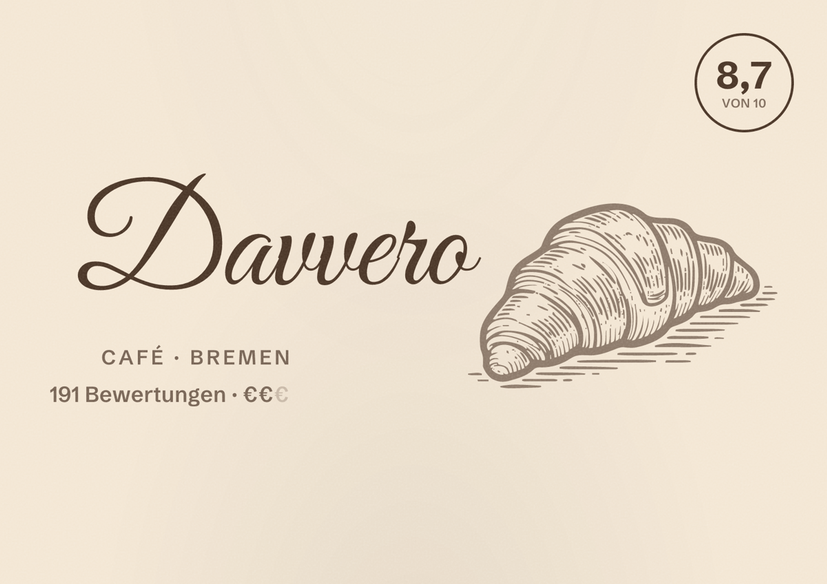Illustriertes Poster von Davvero, Café in Bremen: Bewertung 8,7 von 10 aus 191 Bewertungen, Preisniveau €€