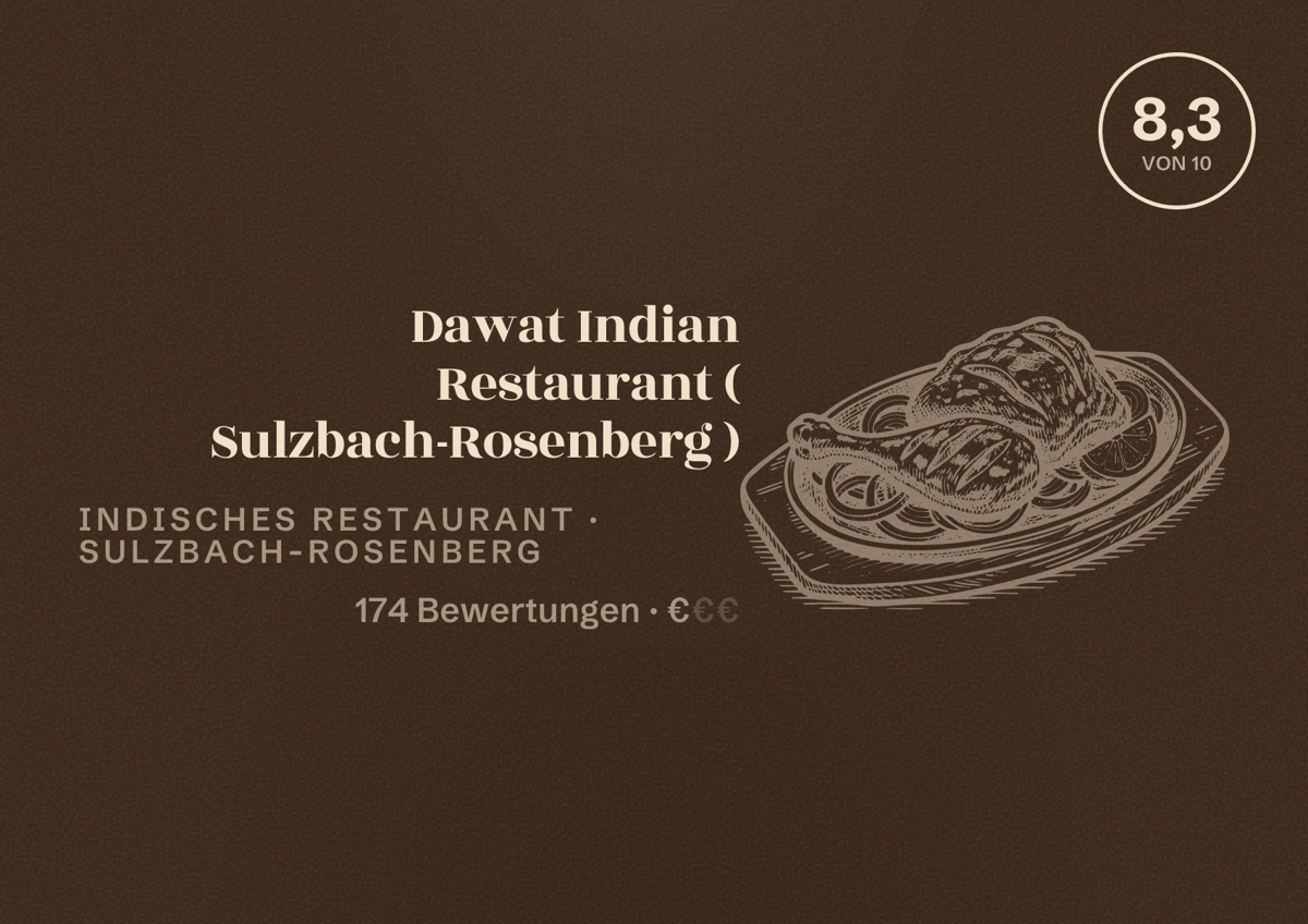 Illustriertes Poster von Dawat Indian Restaurant ( Sulzbach-Rosenberg ), Indisches Restaurant in Sulzbach-Rosenberg: Bewertung 8,3 von 10 aus 174 Bewertungen, Preisniveau €