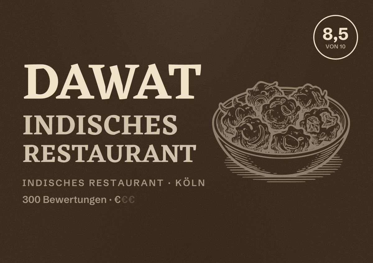 Illustriertes Poster von Dawat Indisches Restaurant, Indisches Restaurant in Köln: Bewertung 8,5 von 10 aus 300 Bewertungen, Preisniveau €