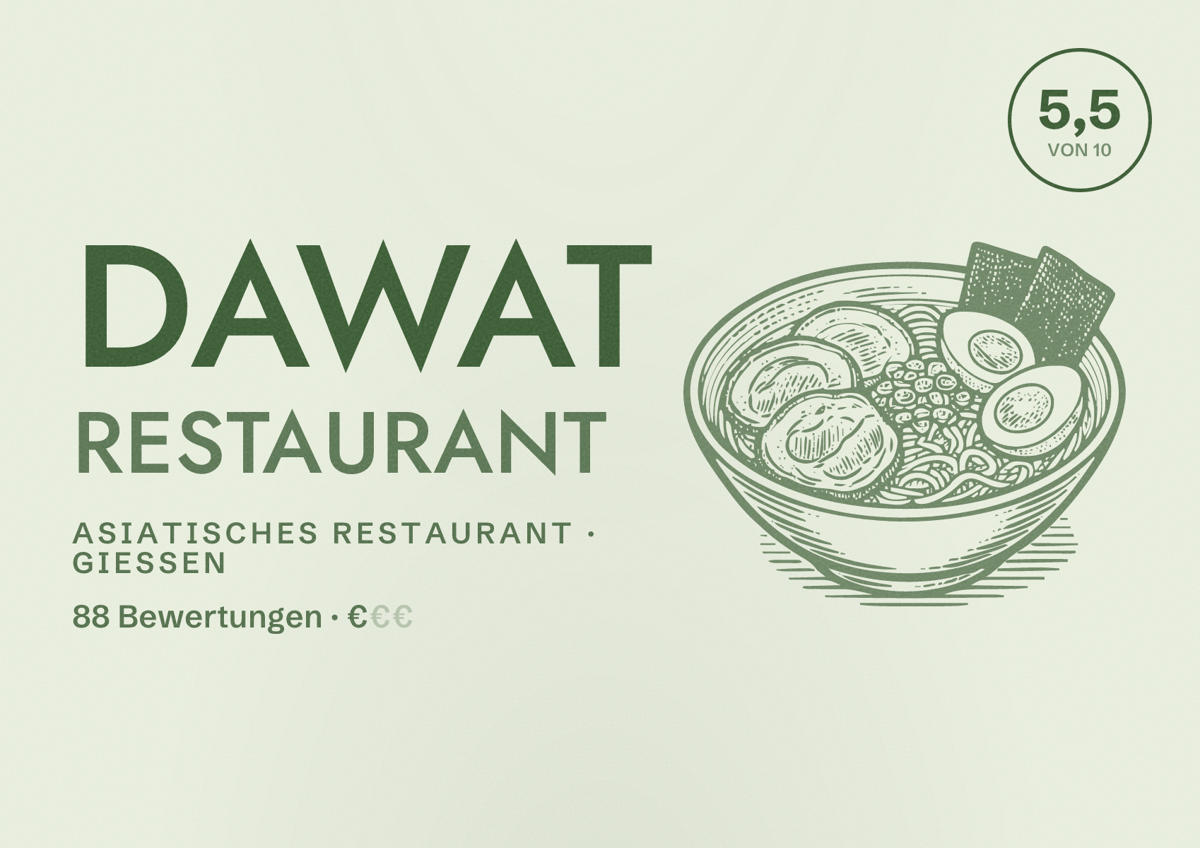Illustriertes Poster von Dawat Restaurant, Asiatisches Restaurant in Gießen: Bewertung 5,5 von 10 aus 88 Bewertungen, Preisniveau €
