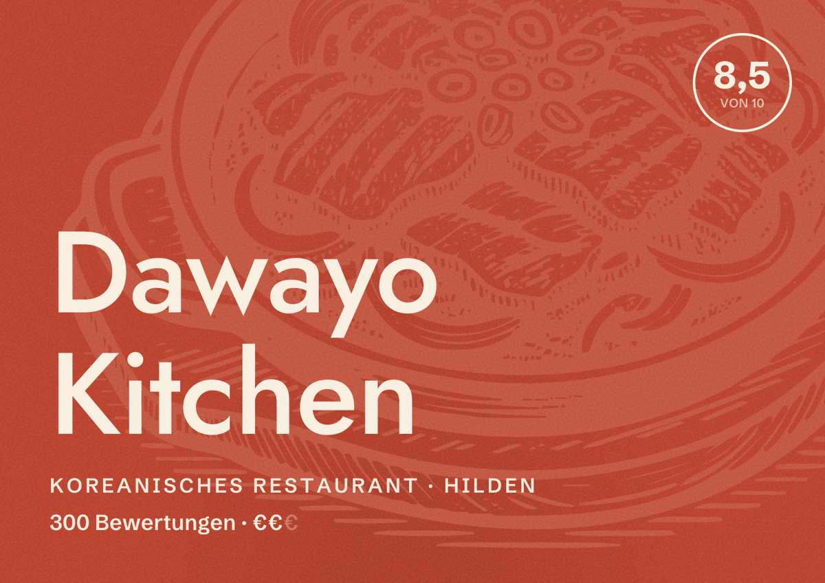 Illustriertes Poster von Dawayo Kitchen, Koreanisches Restaurant in Hilden: Bewertung 8,5 von 10 aus 300 Bewertungen, Preisniveau €€