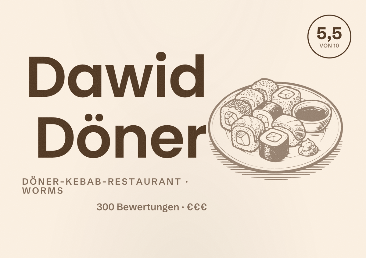 Illustriertes Poster von Dawid Döner, Döner-Kebab-Restaurant in Worms: Bewertung 5,5 von 10 aus 300 Bewertungen, Preisniveau €€€