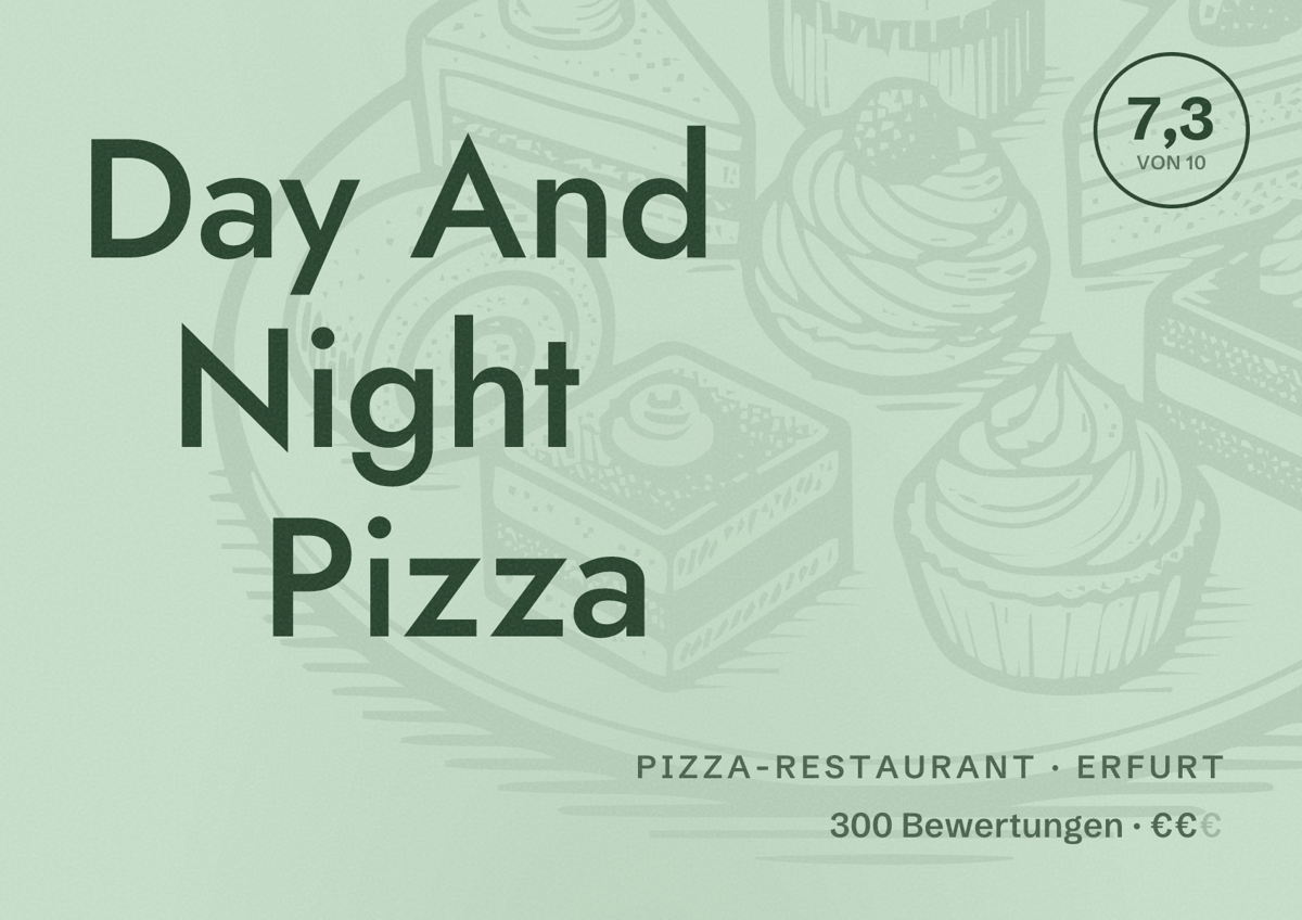 Illustriertes Poster von Day And Night Pizza, Pizza-Restaurant in Erfurt: Bewertung 7,3 von 10 aus 300 Bewertungen, Preisniveau €€
