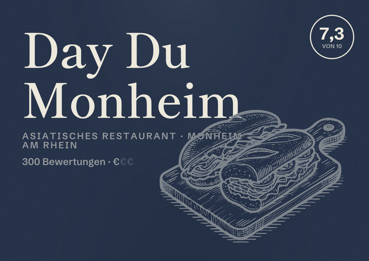Illustriertes Poster von Day Du Monheim, Asiatisches Restaurant in Monheim am Rhein: Bewertung 7,3 von 10 aus 300 Bewertungen, Preisniveau €