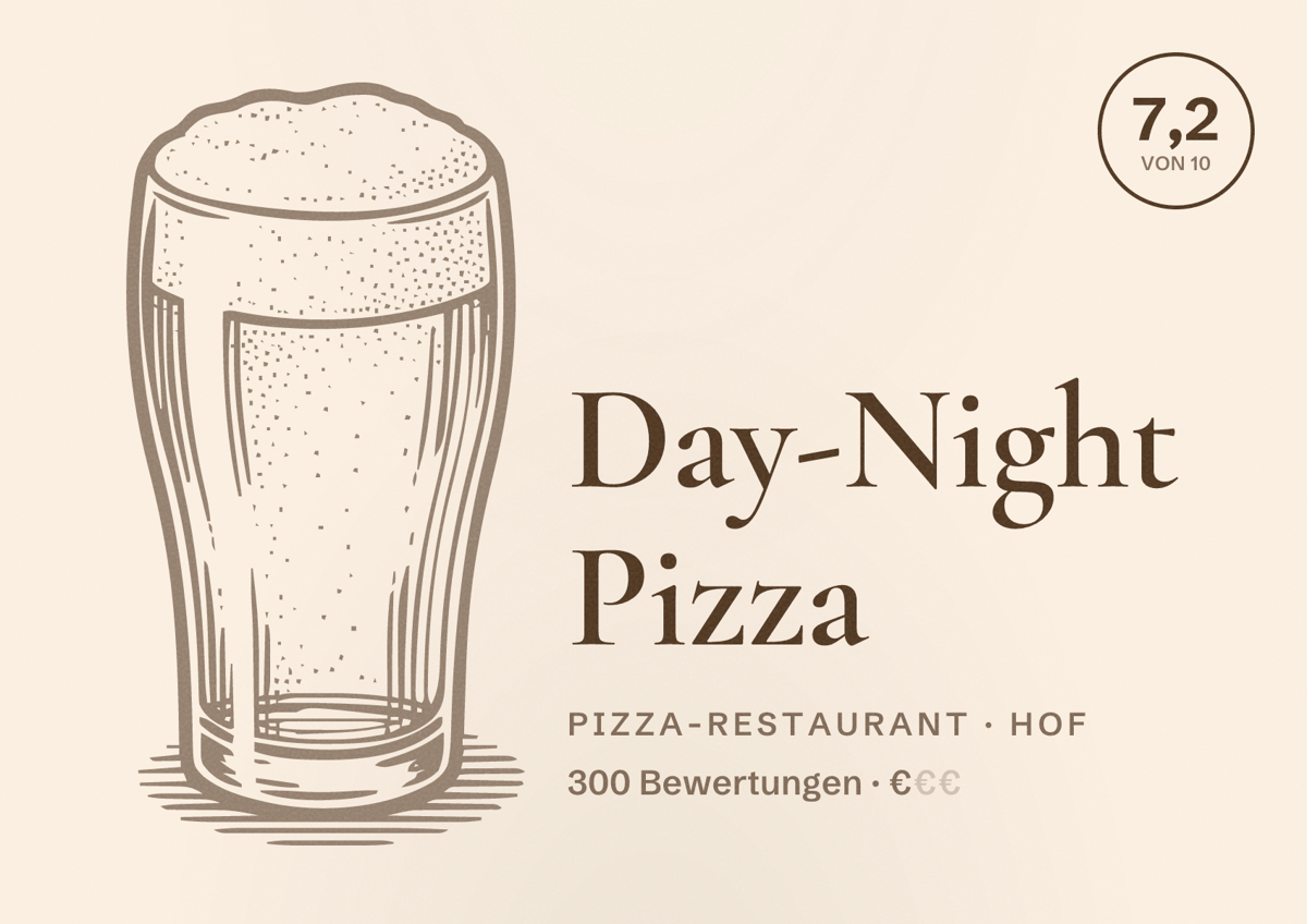 Illustriertes Poster von Day-Night Pizza, Pizza-Restaurant in Hof: Bewertung 7,2 von 10 aus 300 Bewertungen, Preisniveau €