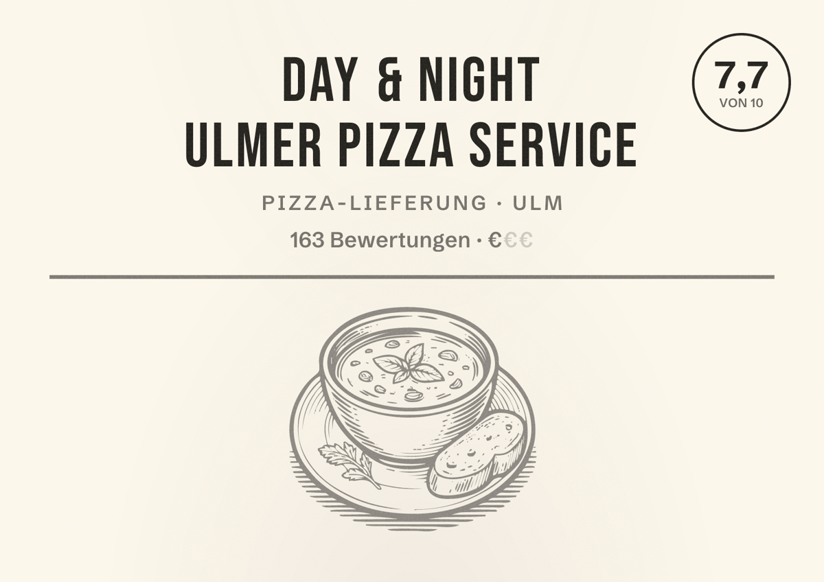 Illustriertes Poster von Day & Night Ulmer Pizza Service, Pizza-Lieferung in Ulm: Bewertung 7,7 von 10 aus 163 Bewertungen, Preisniveau €