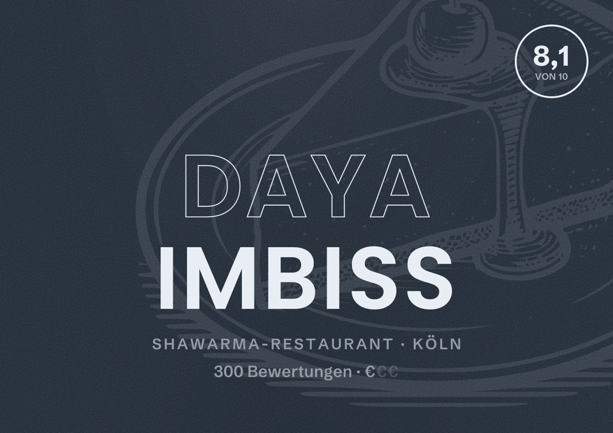 Illustriertes Poster von Daya Imbiss, Shawarma-Restaurant in Köln: Bewertung 8,1 von 10 aus 300 Bewertungen, Preisniveau €