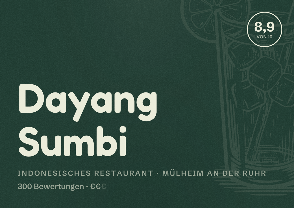 Illustriertes Poster von Dayang Sumbi, Indonesisches Restaurant in Mülheim an der Ruhr: Bewertung 8,9 von 10 aus 300 Bewertungen, Preisniveau €€