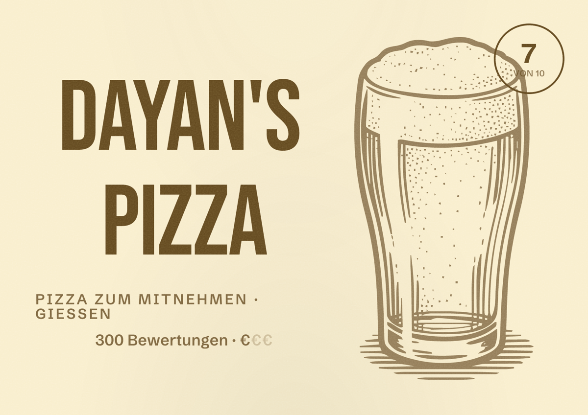 Illustriertes Poster von Dayan's Pizza, Pizza zum Mitnehmen in Gießen: Bewertung 7 von 10 aus 300 Bewertungen, Preisniveau €