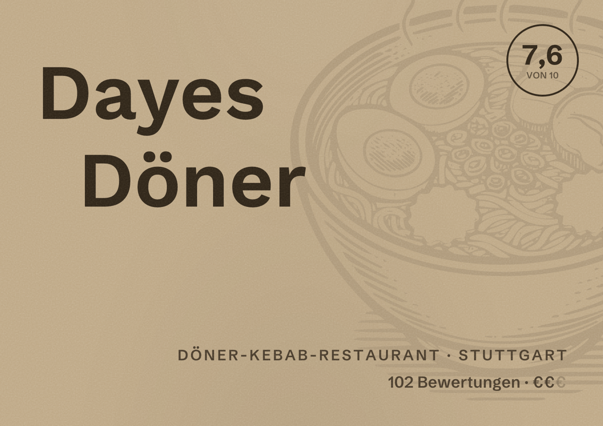 Illustriertes Poster von Dayes Döner, Döner-Kebab-Restaurant in Stuttgart: Bewertung 7,6 von 10 aus 102 Bewertungen, Preisniveau €€