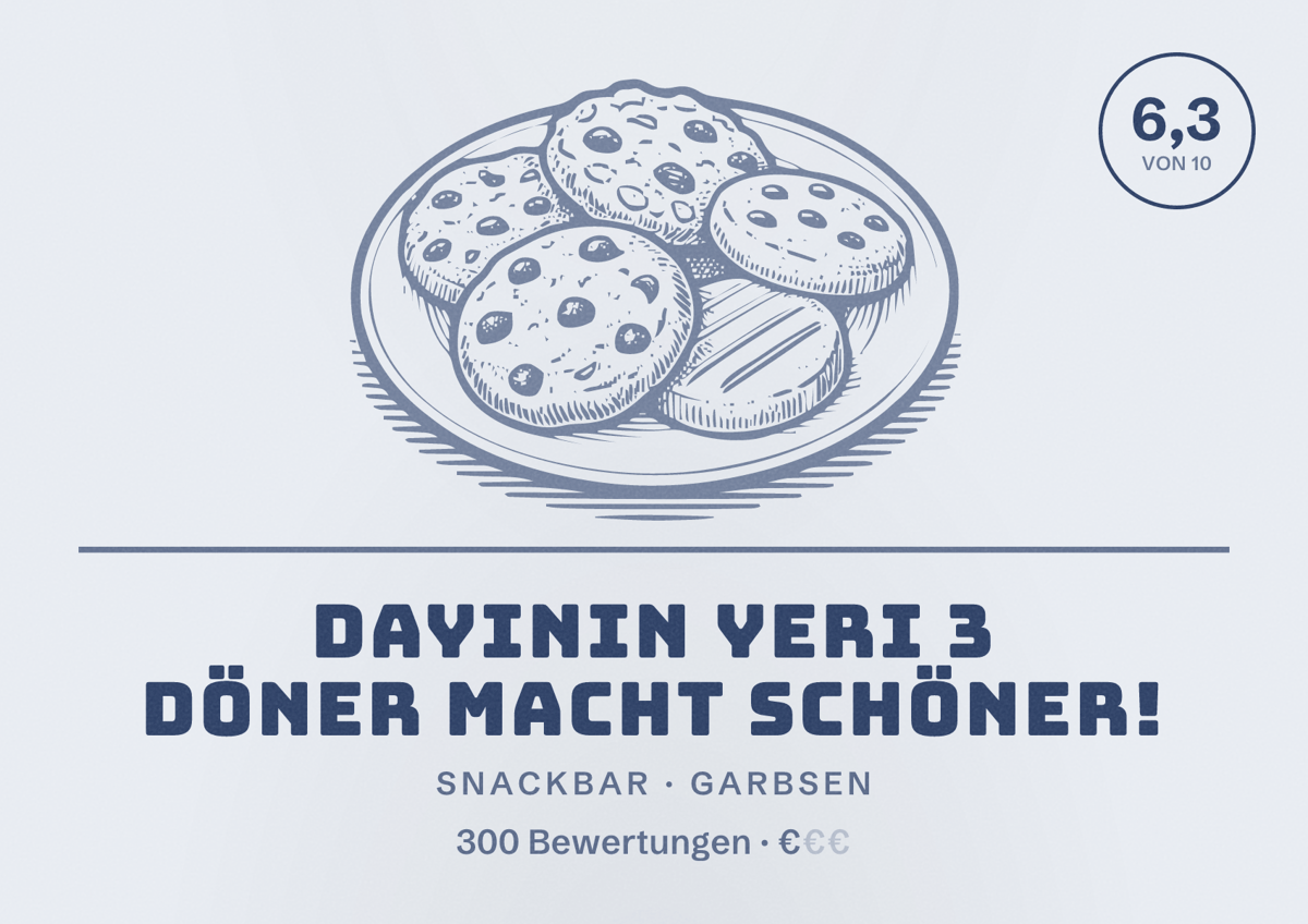 Illustriertes Poster von Dayinin yeri 3 Döner macht schöner!, Snackbar in Garbsen: Bewertung 6,3 von 10 aus 300 Bewertungen, Preisniveau €