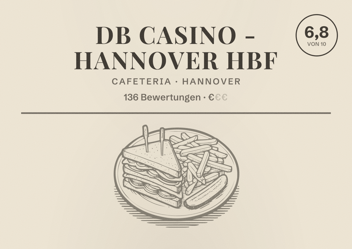 Illustriertes Poster von DB Casino - Hannover Hbf, Cafeteria in Hannover: Bewertung 6,8 von 10 aus 136 Bewertungen, Preisniveau €