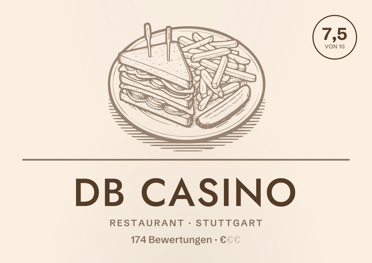 Illustriertes Poster von DB Casino, Restaurant in Stuttgart: Bewertung 7,5 von 10 aus 174 Bewertungen, Preisniveau €