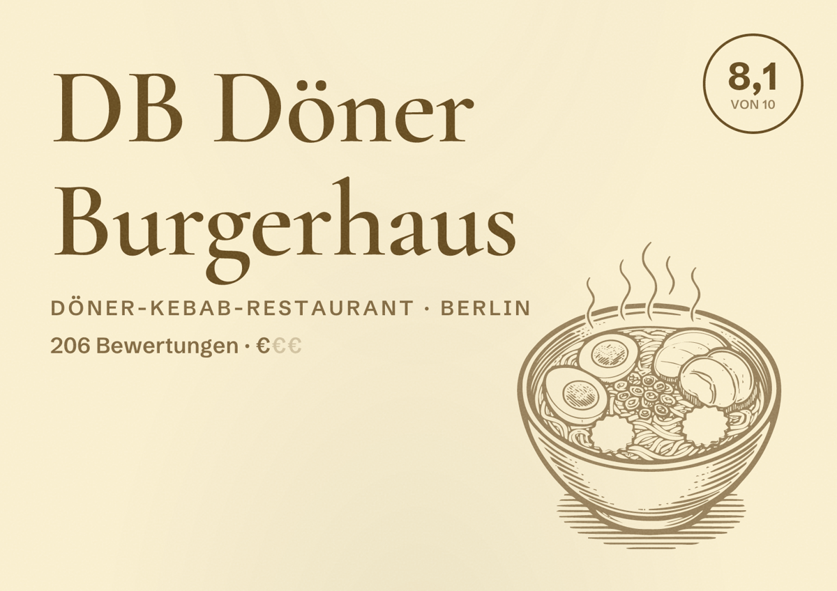 Illustriertes Poster von DB Döner Burgerhaus, Döner-Kebab-Restaurant in Berlin: Bewertung 8,1 von 10 aus 206 Bewertungen, Preisniveau €