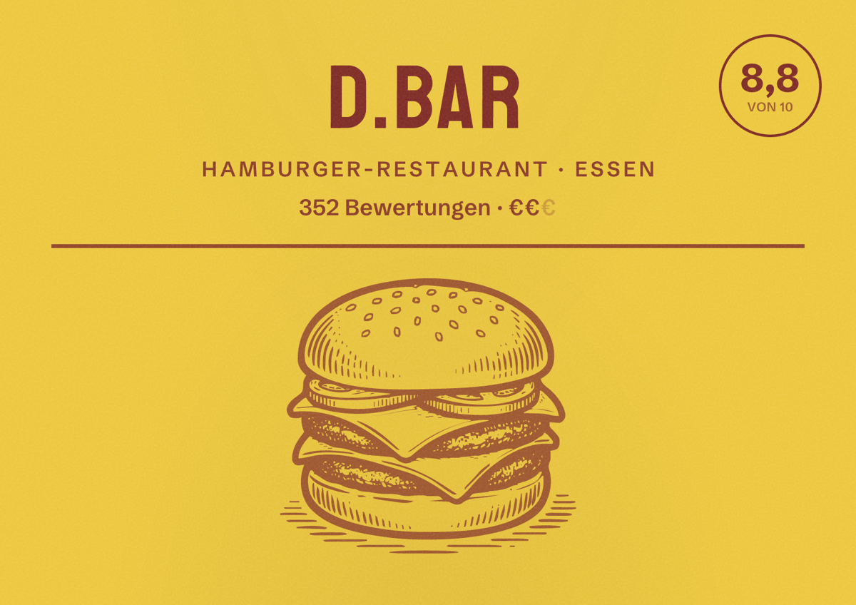 Illustriertes Poster von d.bar, Hamburger-Restaurant in Essen: Bewertung 8,8 von 10 aus 352 Bewertungen, Preisniveau €€