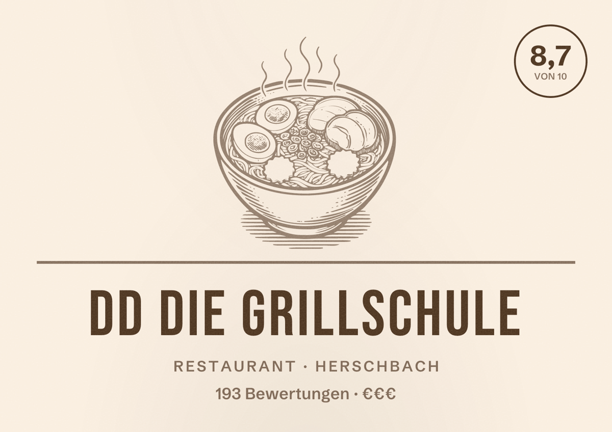 Illustriertes Poster von DD Die Grillschule, Restaurant in Herschbach: Bewertung 8,7 von 10 aus 193 Bewertungen, Preisniveau €€€
