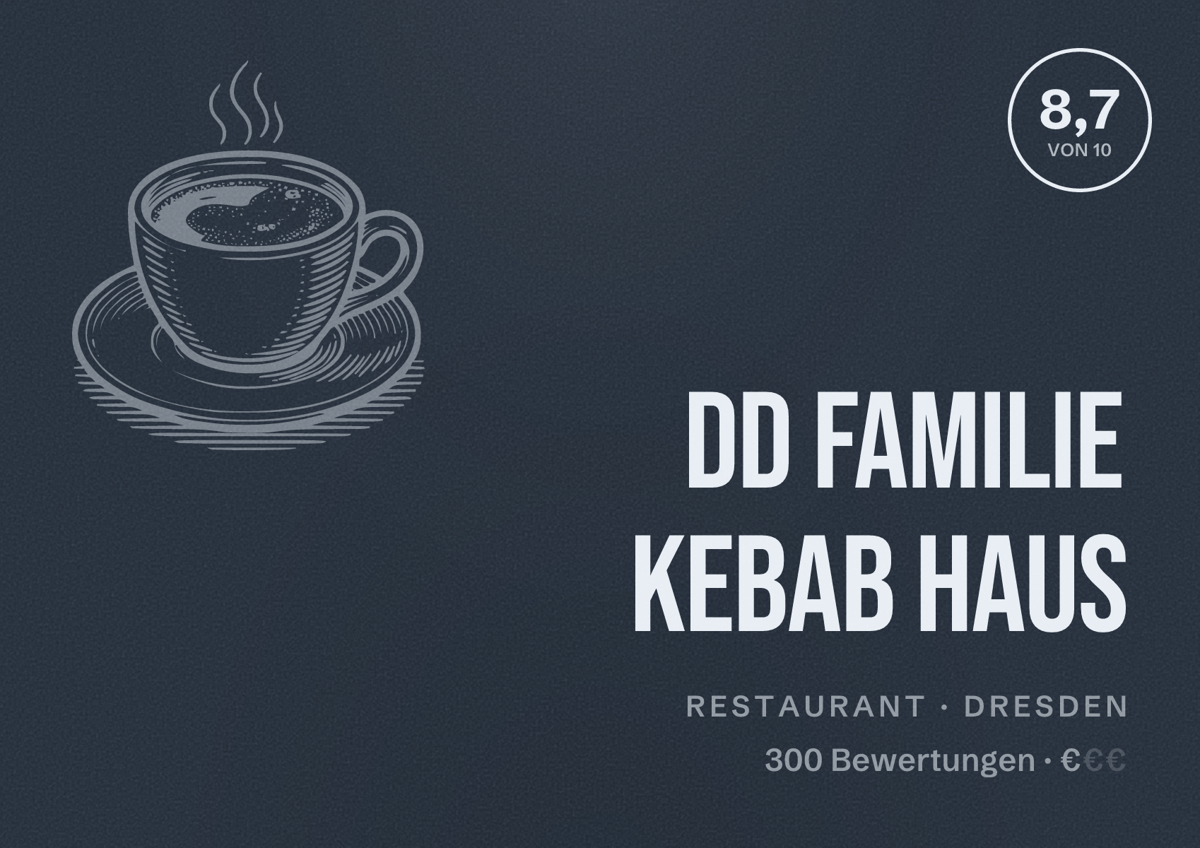 Illustriertes Poster von DD Familie Kebab Haus, Restaurant in Dresden: Bewertung 8,7 von 10 aus 300 Bewertungen, Preisniveau €