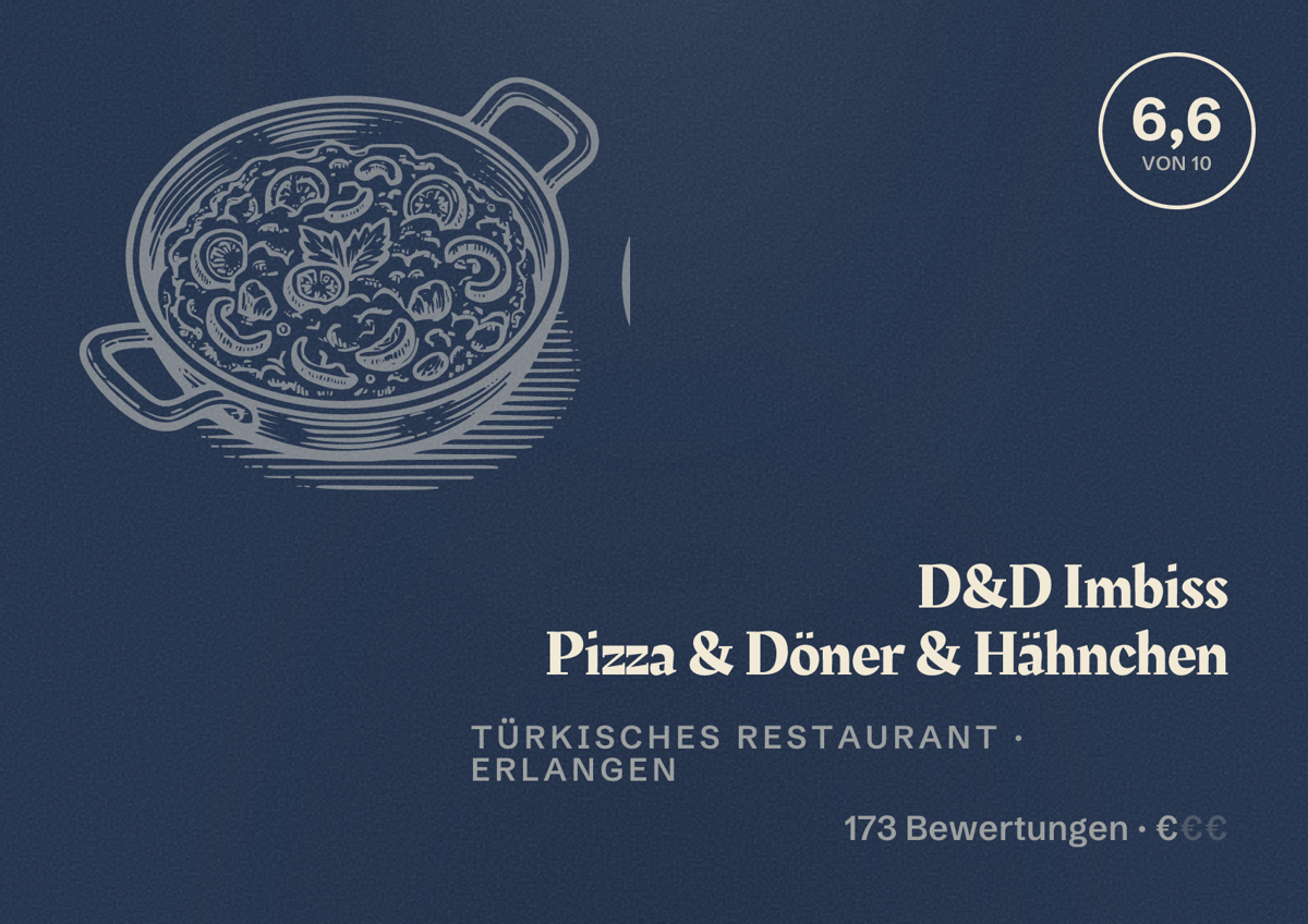 Illustriertes Poster von D&D Imbiss Pizza & Döner & Hähnchen, Türkisches Restaurant in Erlangen: Bewertung 6,6 von 10 aus 173 Bewertungen, Preisniveau €